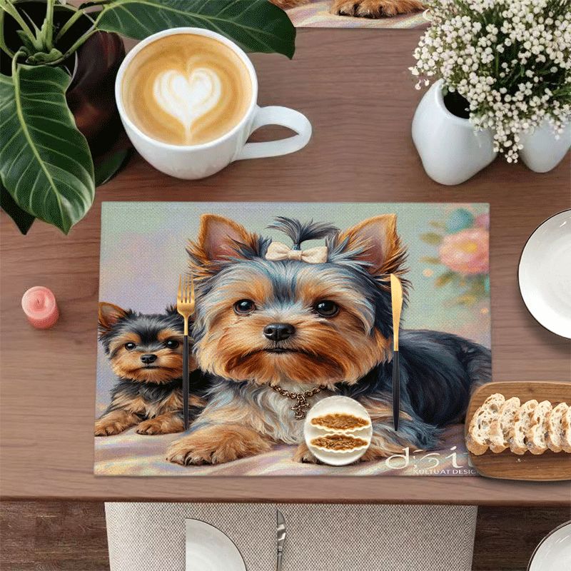 4/6pcs Rectangular Placemats - 12X18 Inch Cartoon Yorkshire Terrier Table Mats with 2D Element Design
