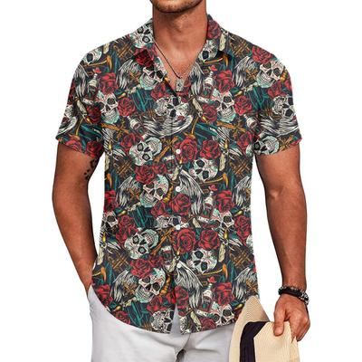 Vintage Skeleton with Rose Button Down Shirt Casual Short Sleeve Unisex Streetwear SKULL Graphic 3D Printing Shirts