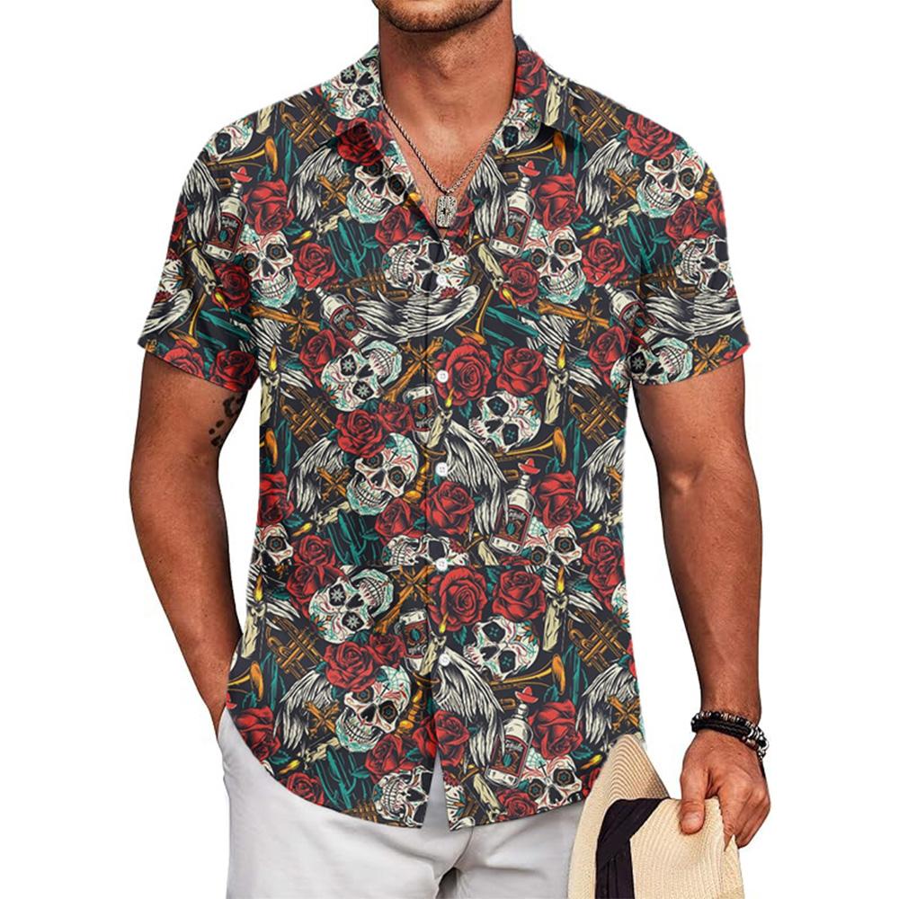 Vintage Skelett mit Rose Button-Down-Hemd Lässig Kurzarm Unisex Streetwear SCHÄDEL Grafik 3D-Druck Hemden