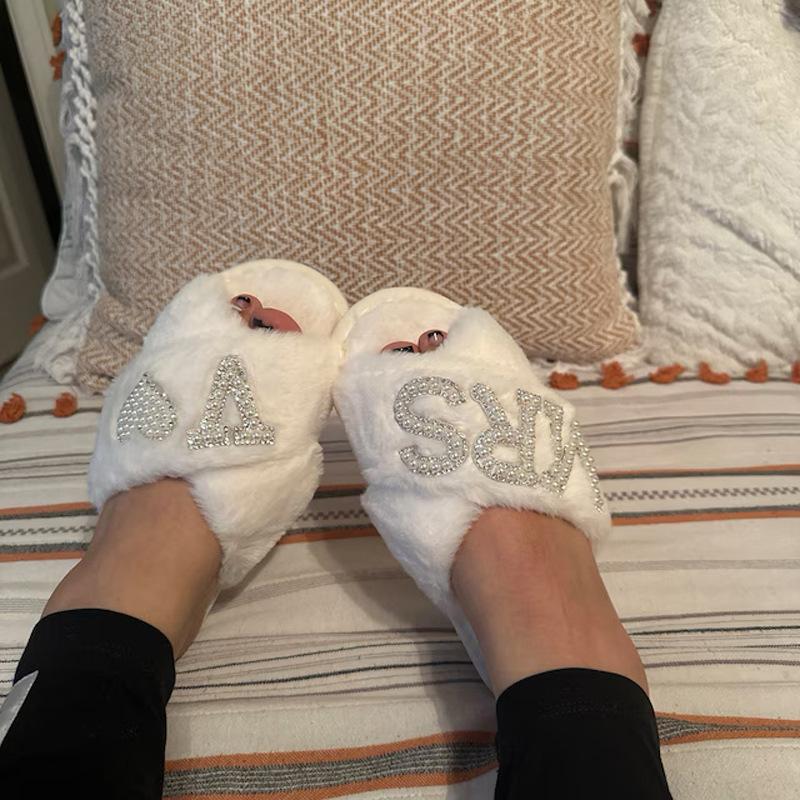 Women Home Furry Slippers Fork Strap Bride Wedding MRS Slippers Cozy Indoor Footwear