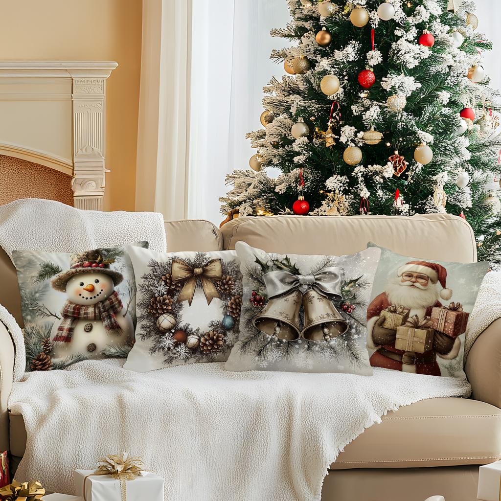 Vintage Santa Claus Snowman Pillowcase Bedroom Cushion Cover 100% Polyester Living Room Cushion Pillowcase Home Decor