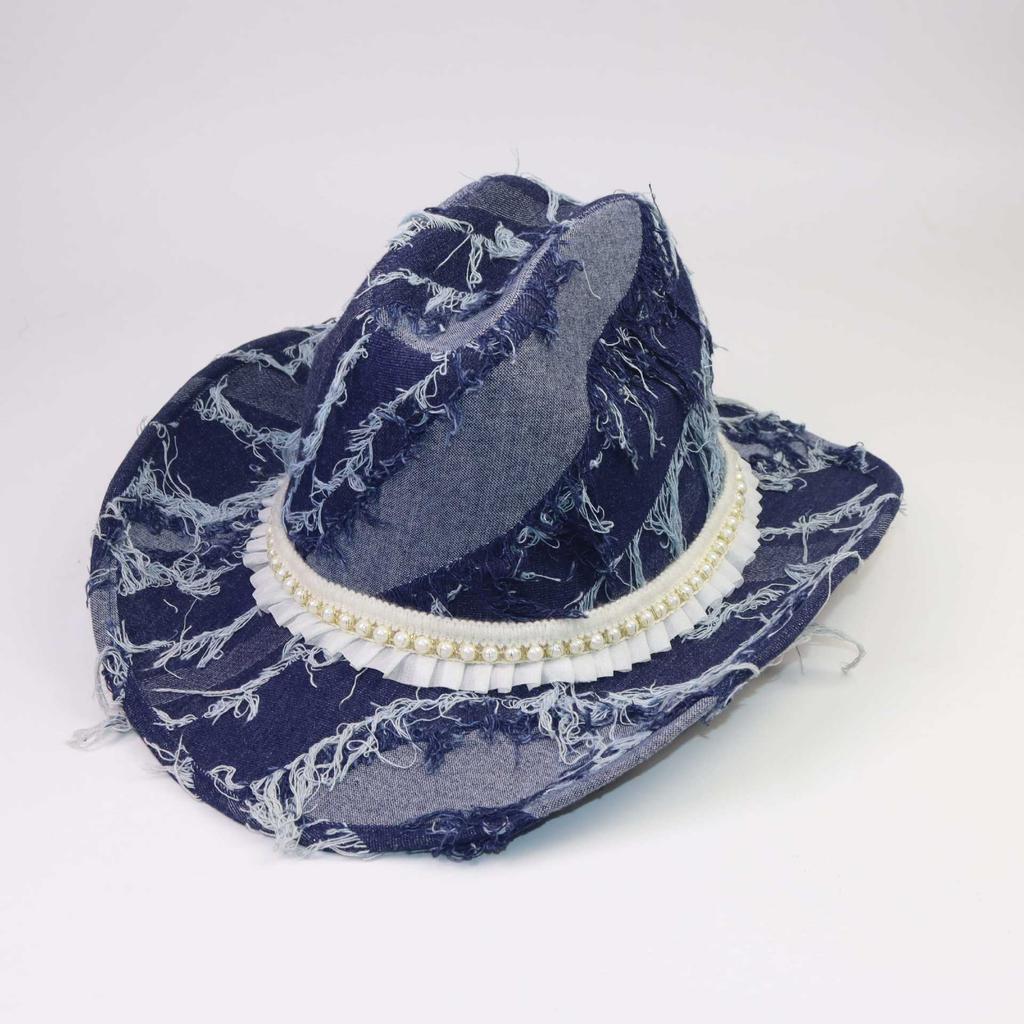Retro Old Rough Edge Blue Western Cowboy Hat Pearl Accessories Curled Edge Outdoor Sunshade Warm Jazz Hat