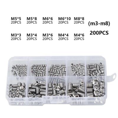 Stainless Steel Hex Socket Grub Screws 200pcs Set M3 M4 M5 M6 M8 With Cone Point Tapered End For Machinery