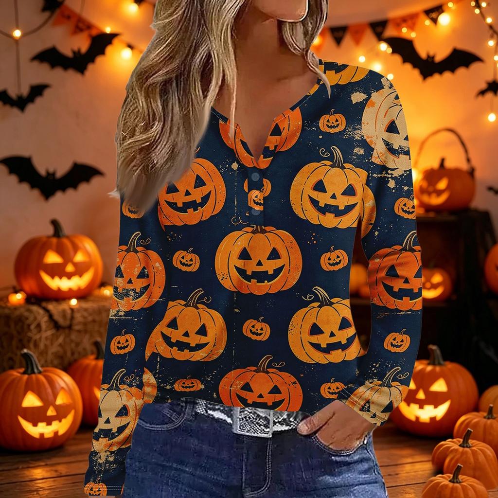 Women's Long Sleeve V Neck T Shirt Halloween Print Button Detail Casual Fashion Top Slim Fit Stretchy Fabric Comfortable Wear