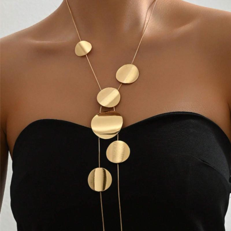 Temperament Geometric Round Piece Long Necklace Women'S Personality Y-Shaped Tassel Collarbone Chain