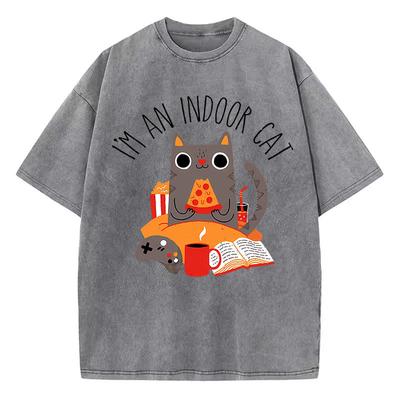 Lustiges Ich Bin Eine Hauskatze Buch T-Shirt Vintage Gewaschenes Baumwoll-T-Shirt Grafik-T-Shirt Lässige Streetwear für den Frühling