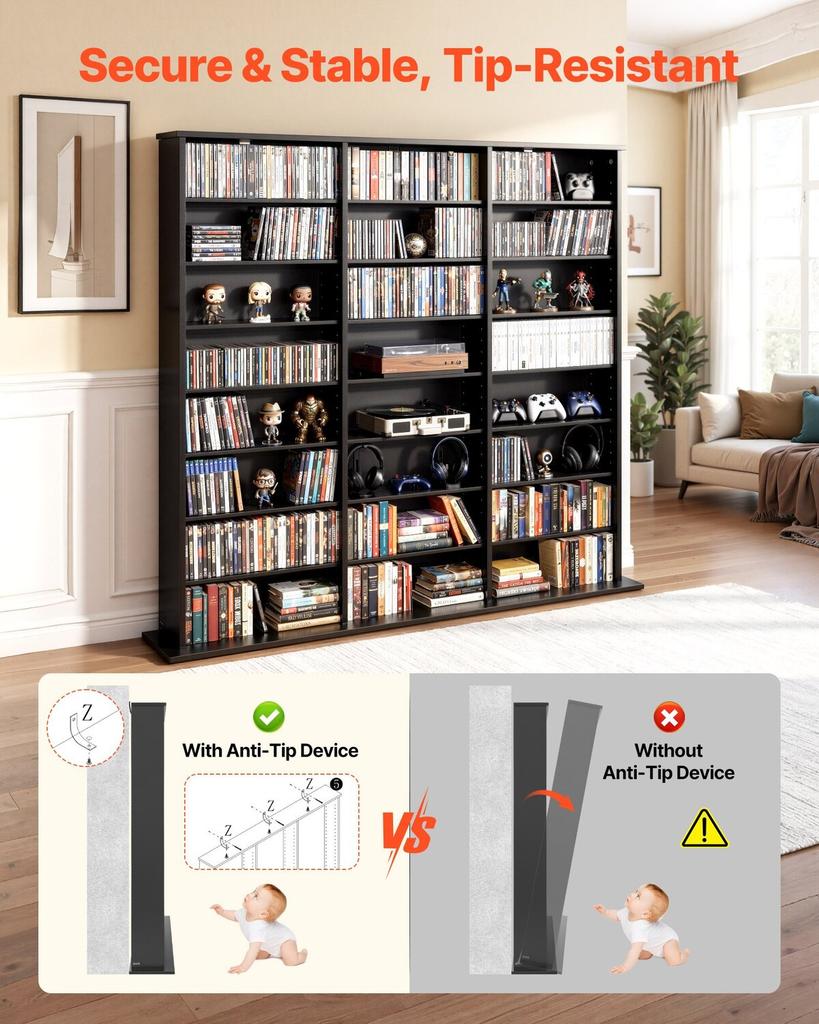 Media Storage Cabinet, 8-Tier DVD Shelf Organizer, 142 X 22 X 130 Cm Multimedia Storage Organizer for CDs, DVDs, Books & Games, CD Shelf for Living