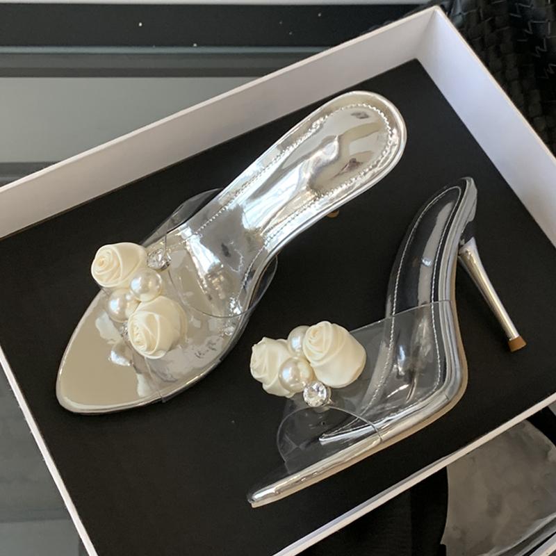 Fashion Liyke Summer Fashion Pearl Flower Designer High Heels Slippers For Woman Open Toe Party Dress Shoes PVC Transparent Sandal Women
