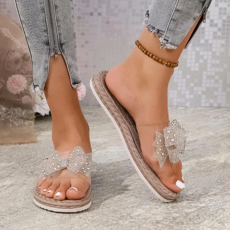 Fashion 2025 New Ladies Shoes Summer Outdoor Women's Slippers Fashion Daily Slippers Women Crystal Bow Tie Flat with Plus Size Sandals