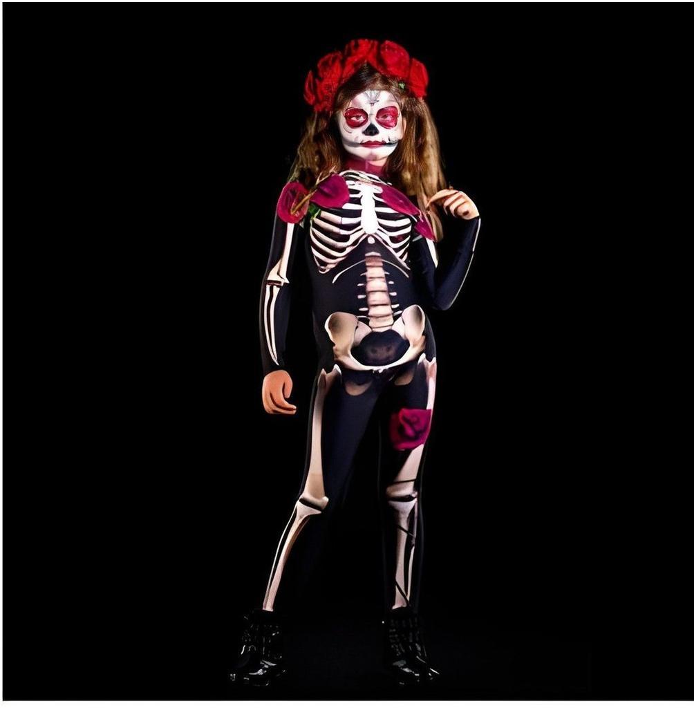 Kids Womens Halloween Costume Skeleton Cosplay Bodysuit Skinny Catsuit Jumpsuit