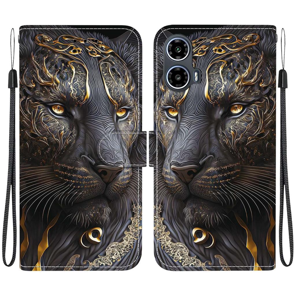 Handmade PU Leather Flip Case for Motorola Moto G34 Anti-Slip Shockproof Cover with Wrist Strap & Heart/Rose Cat Designs