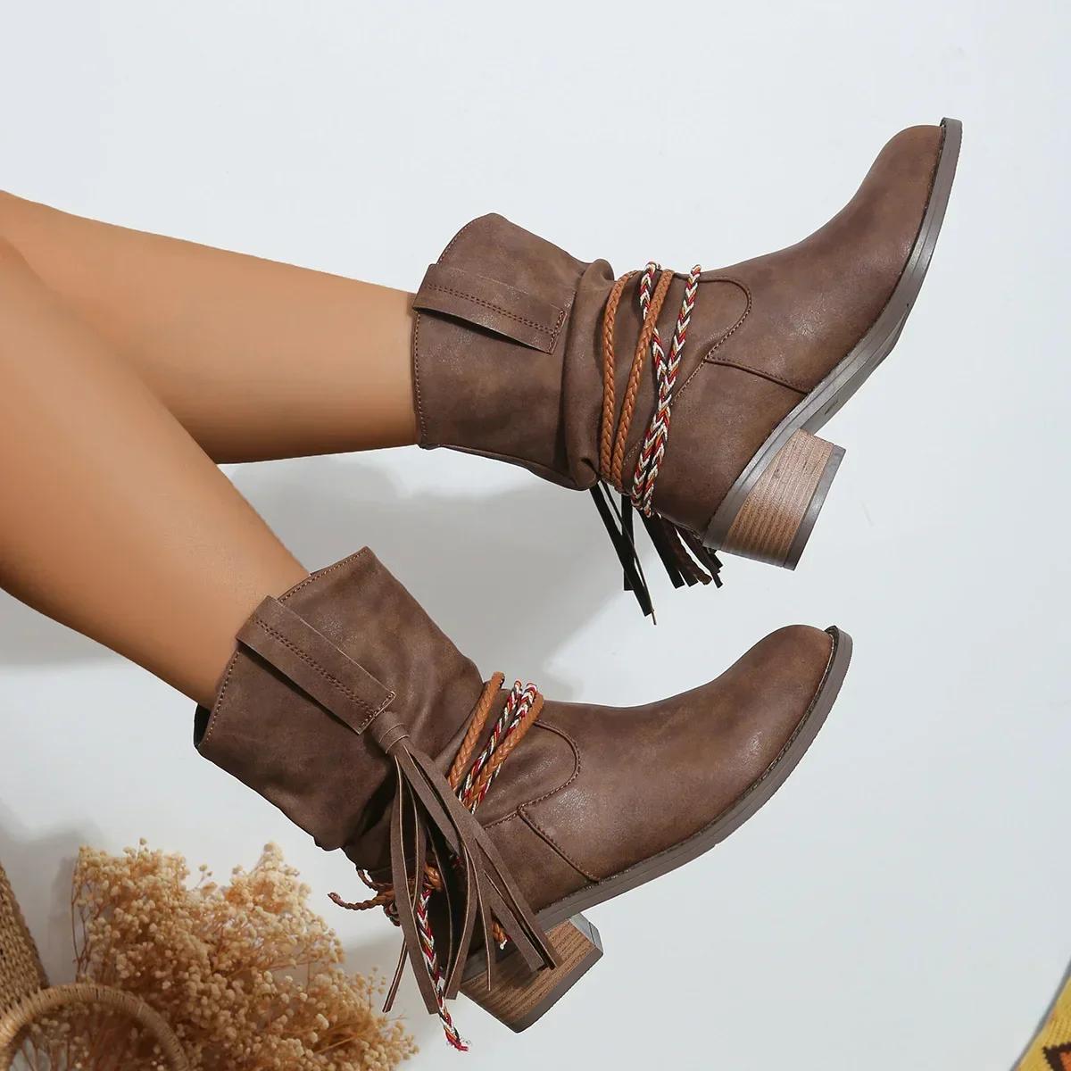 

Пиратские сапоги, женские плиссированные сапоги до середины икры с кисточками, женские короткие сапоги с острым носком на массивном каблуке, женские ботинки без шнуровки, большие размеры 43 35 коричневый