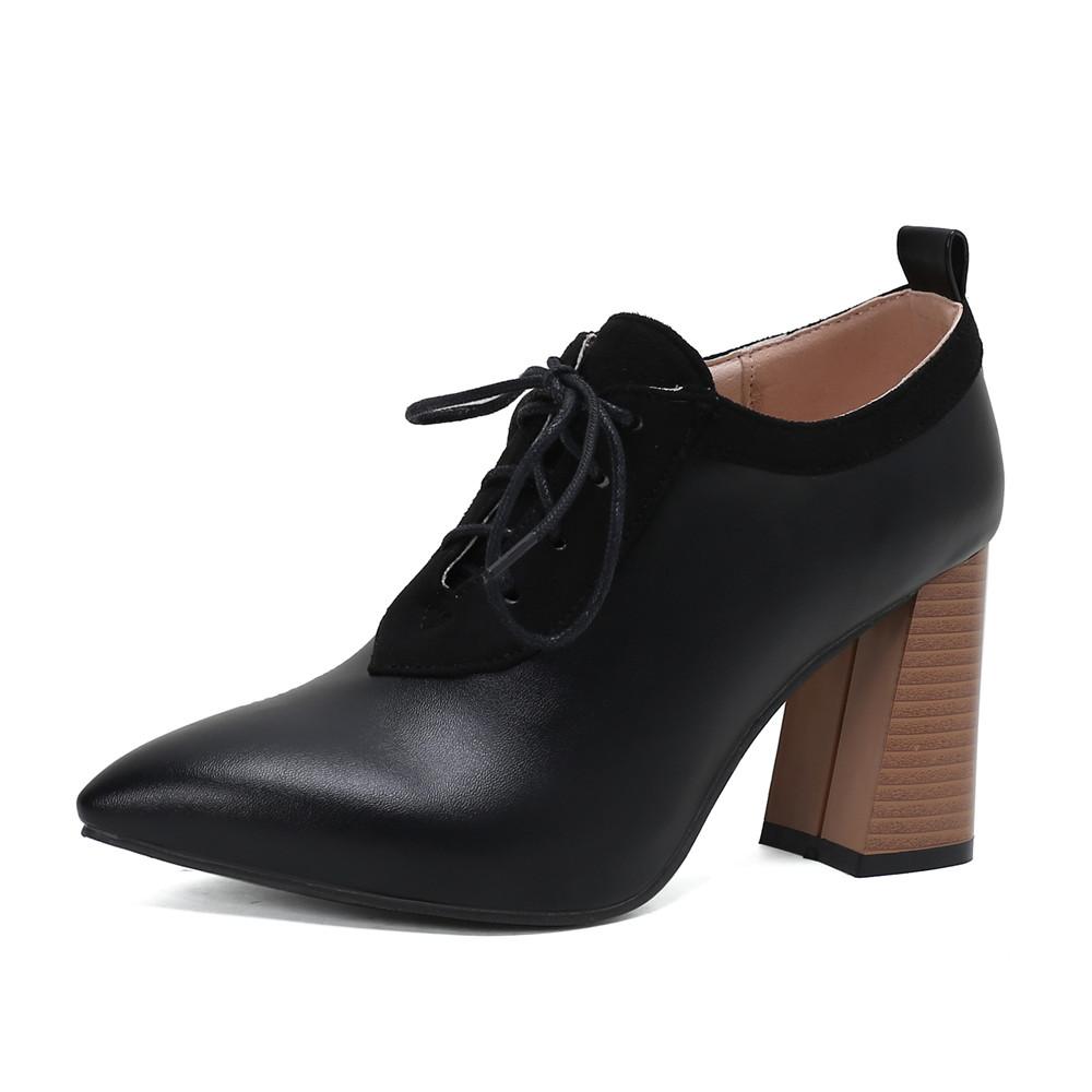 Women Pumps Pointed Toe Lace up Thick Heel Platform Brogue Student Carved Retro Classic Spring Autumn New