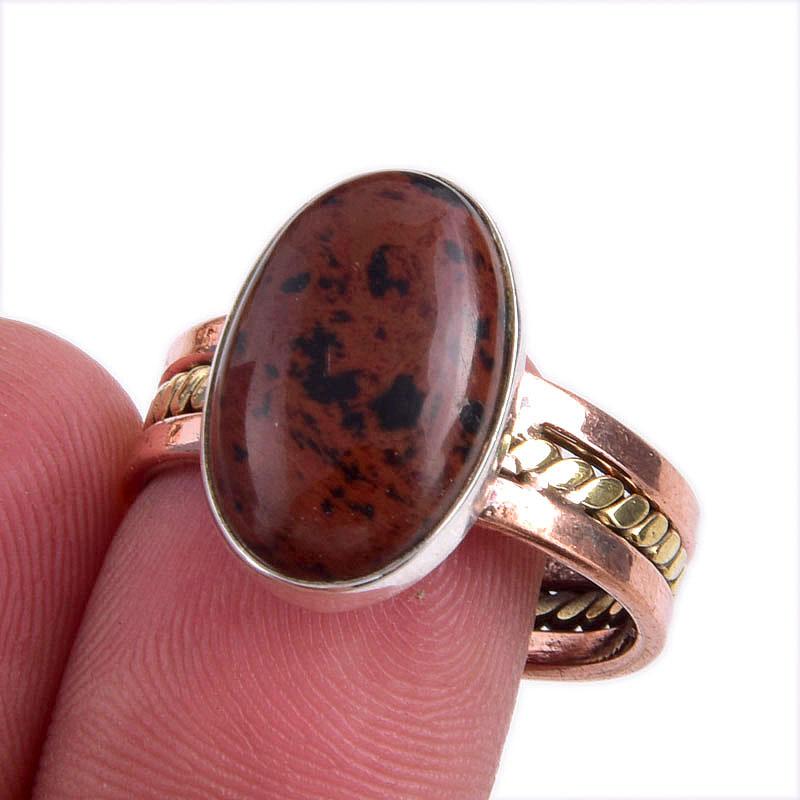 

Натуральный Красный Обсидиан Махагони Драгоценный Камень 925 Стерлинговое Серебро Двухцветное Кольцо S.9.5 i2w57