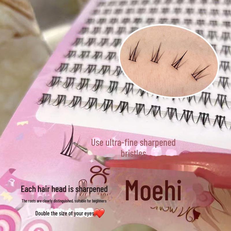 Mengji Shangpin Mini Flame Lash Extensions - Black Stem, 10 Rows, Natural Curling, Segmented Comic Style