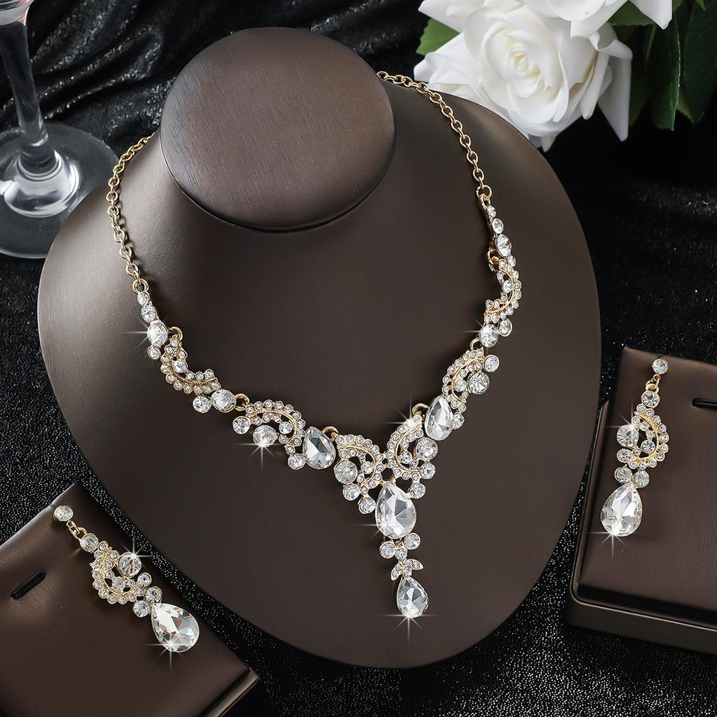 Cross border retro style creative fashion luxury diamond inlaid flower leaf multi-color necklace earring set for women