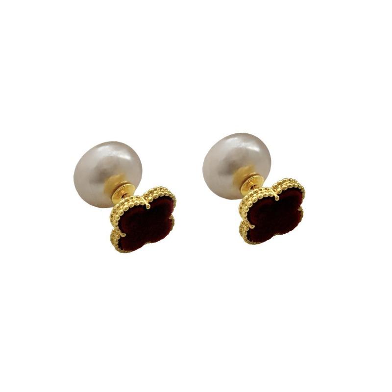 Red Flocked Four Leaf Clover Pearl Two Way Wear Luxury Earrings