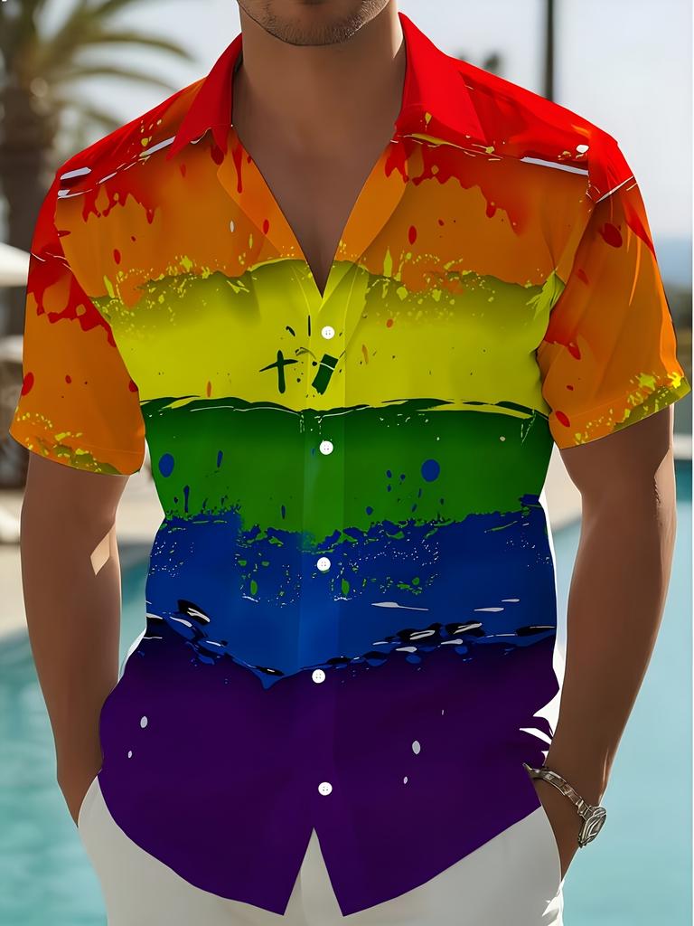 Men'S Rainbow Gradient Short Sleeve Shirt, Lightweight Breathable Hawaiian Style Blouse, Suitable for Beach Vacation/Summer Party