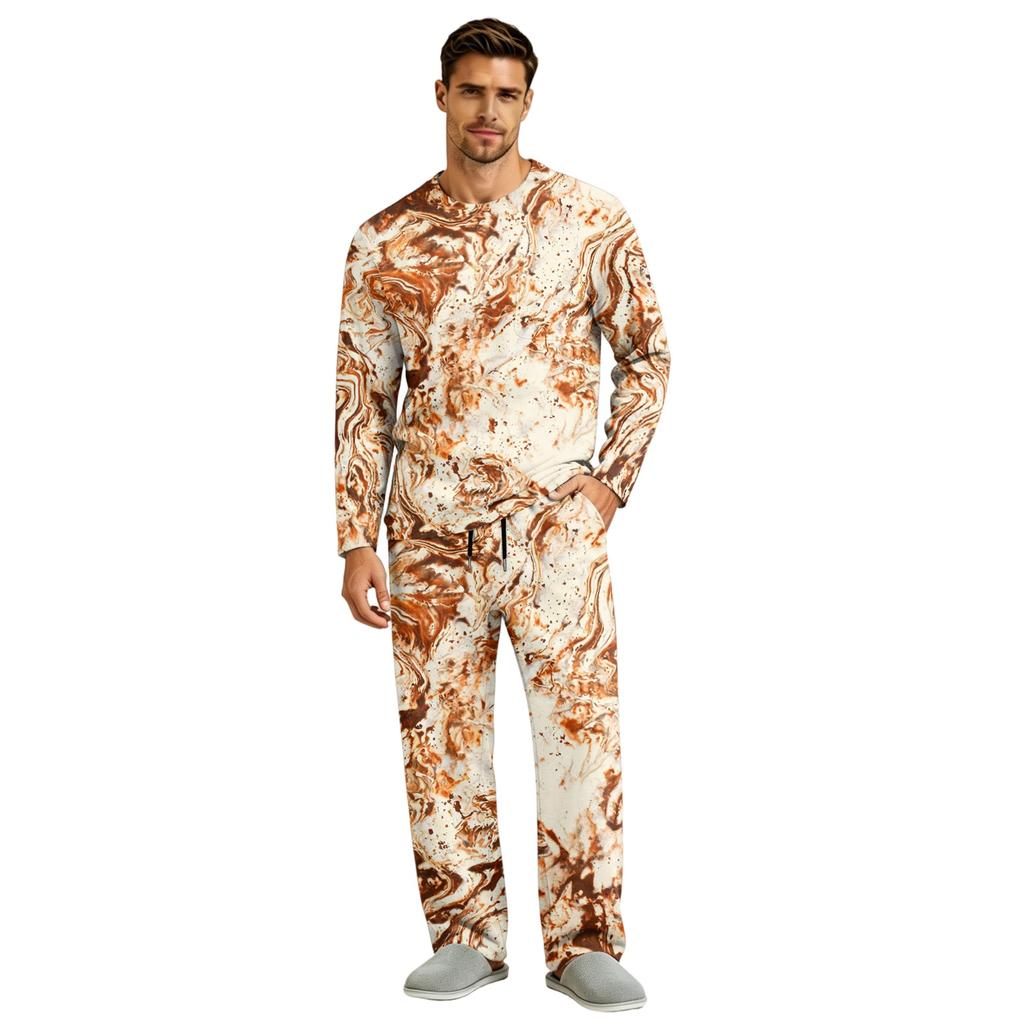 Men's Pajama Set Long Sleeve Top and Long Pants with Button Crotch and Elastic Drawstring Waist for Home Loungewear