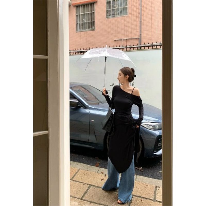 

Kumikumi Сладкое Сексуальное Элегантное Асимметричное Платье с Открытыми Плечами и Приталенным Силуэтом Женское Платье на Внутренних Бретелях для Ранней Осени Комплект из Двух Предметов Black Dress + inside L