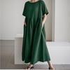 Abito da Donna Primavera Estate Cotone-Lino Ampio Girocollo alla Moda Taglie Forti Manica Corta Casual Comodo Lungo