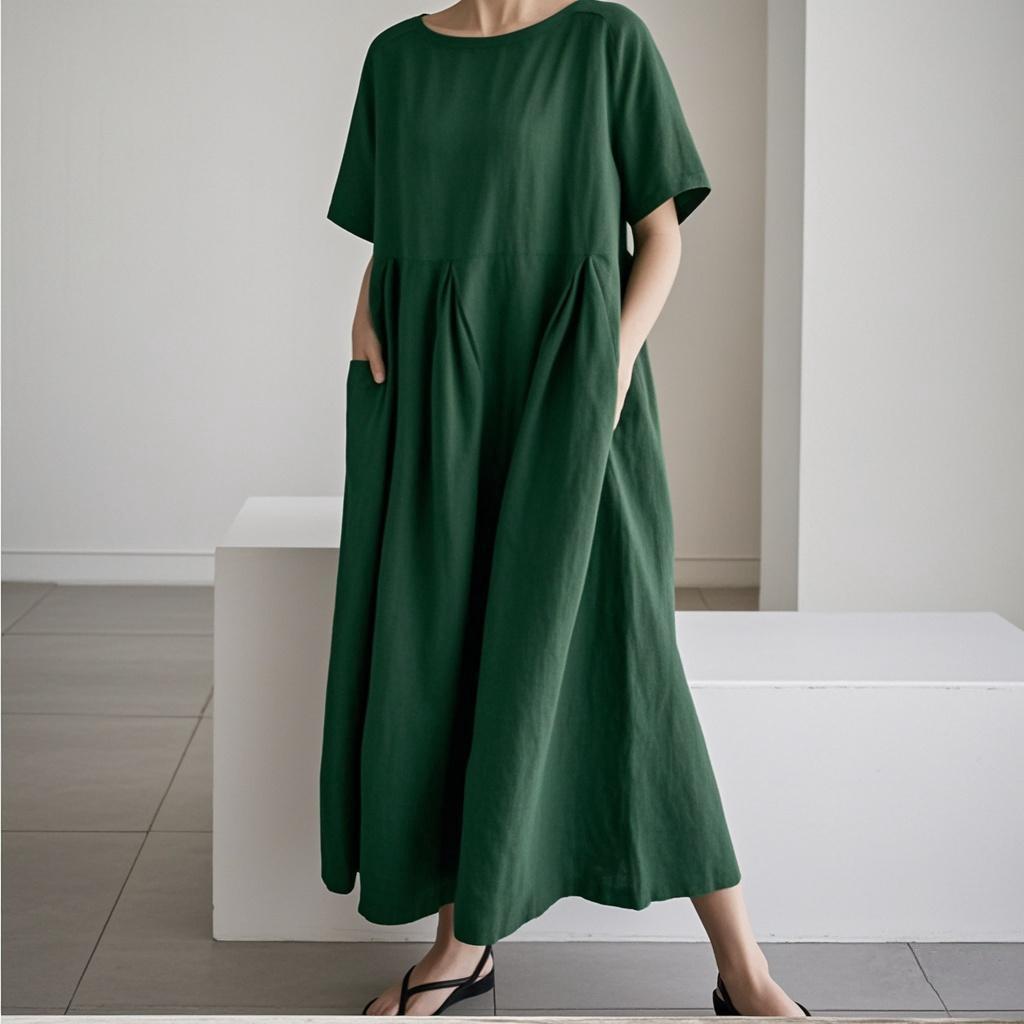 Abito da Donna Primavera Estate Cotone-Lino Ampio Girocollo alla Moda Taglie Forti Manica Corta Casual Comodo Lungo