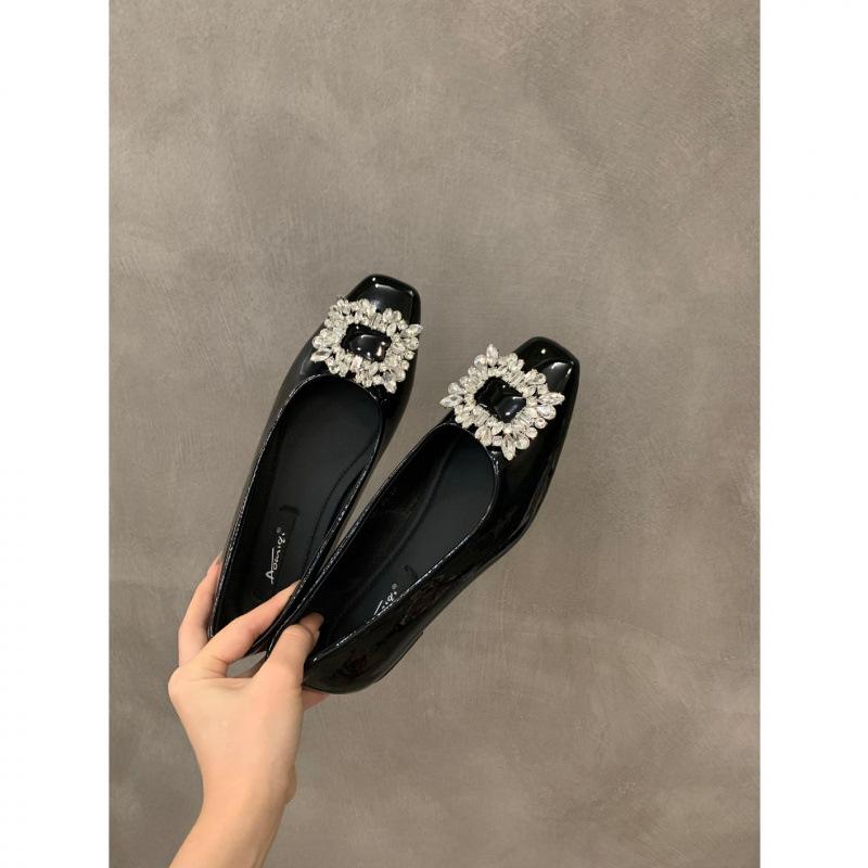Flat Bottom Silver High-end Square Head Rhinestone Single Shoes Women's Shoes 2025 New Summer Black Commuter Beanie Shoes