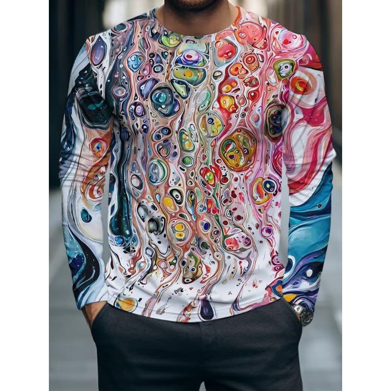 T-shirt da uomo casual a maniche lunghe con stampa, girocollo, per autunno e inverno