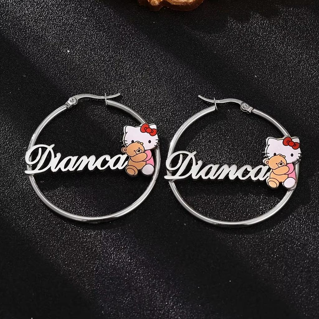 DuoYing 50mm Hoop Earrings Personalized Name Stainless Steel Cartoon Jewelry Earring Custom Name a Festive Gift for a Lady