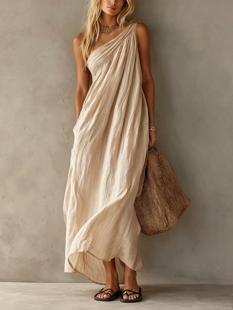 Women One Shoulder Draped Maxi Dress Casual Asymmetric Hem Beach Vacation Dress