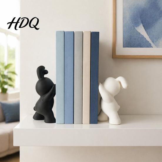 Symmetrical Animal Book Ends 2PCS Bunny Bookends 3D Printed Rabbit Matte Black And Functional Student School Supplies White Stoppers for Home Office