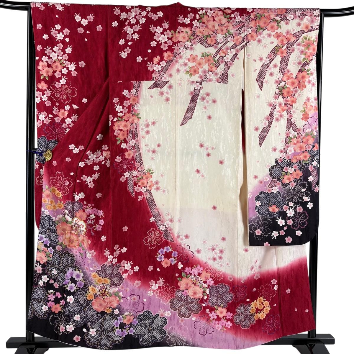 

[Good condition] Furisode, length 157cm, sleeve length 66.5cm, M linen, flowers, snowflakes, gold thread, foil, red, pure silk, masterpiece [Used]