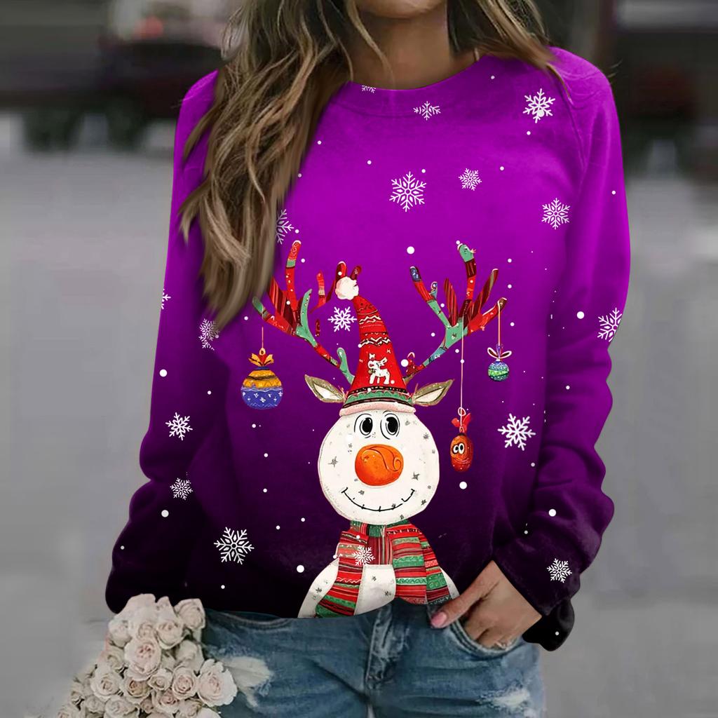 Women's Fashion Casual Long Sleeve Christmas Printed Neck Sweatshirt Top