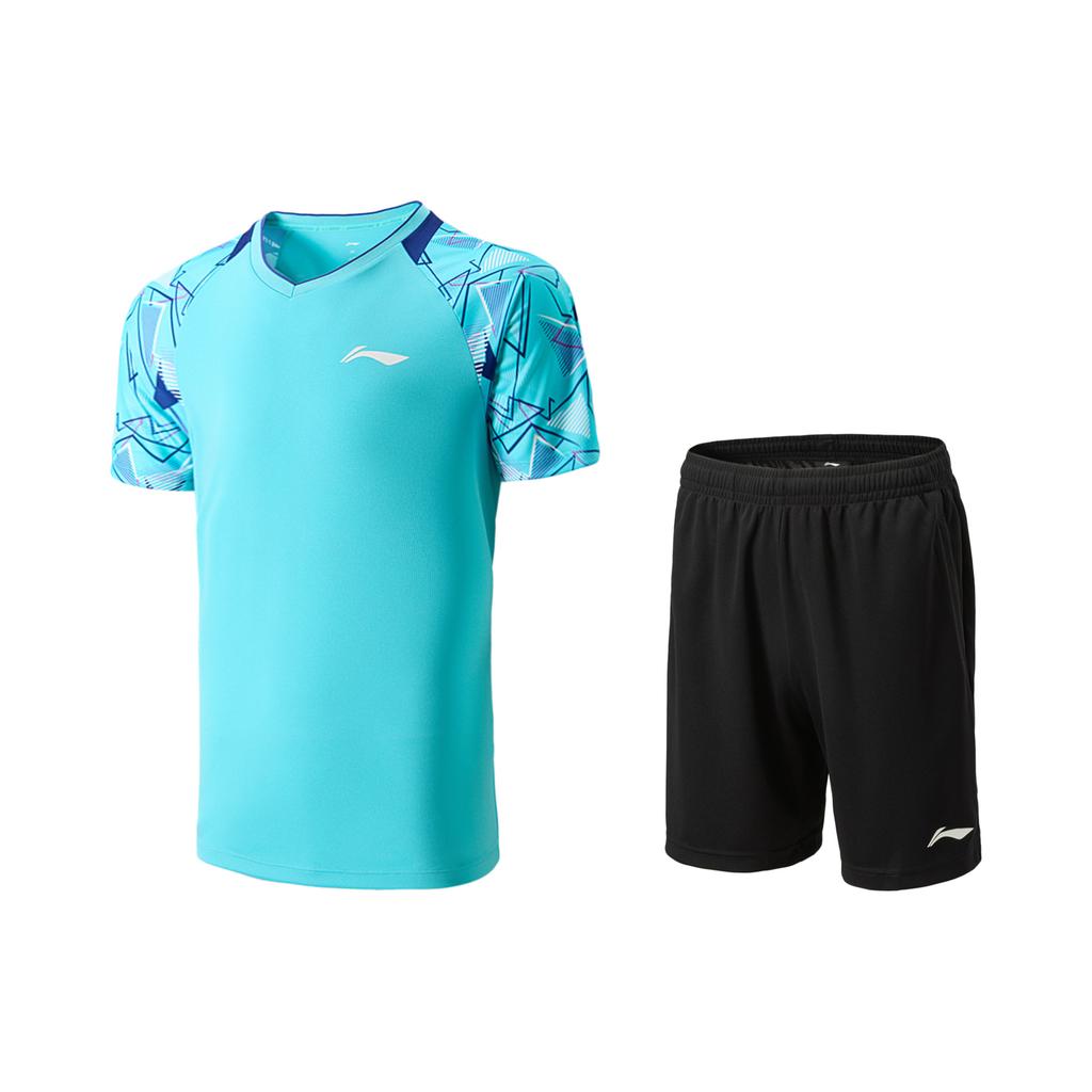 Li Ning Badminton Series Color Block V-Neck Comfortable Breathable Versatile Short Sleeve T-Shirt Mid Waist Shorts Casual Sports Set AATV015-3