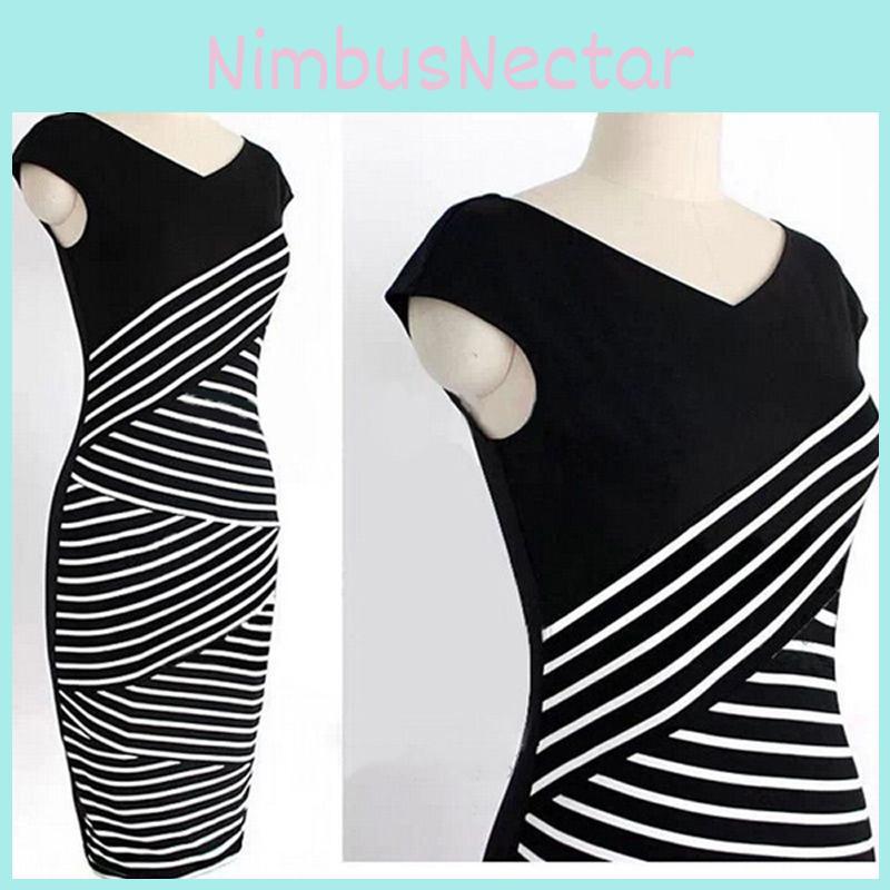 Womens Elegant Summer V Neck Stripe Bodycon Pencil Dress Perfect For Office And Party Wear