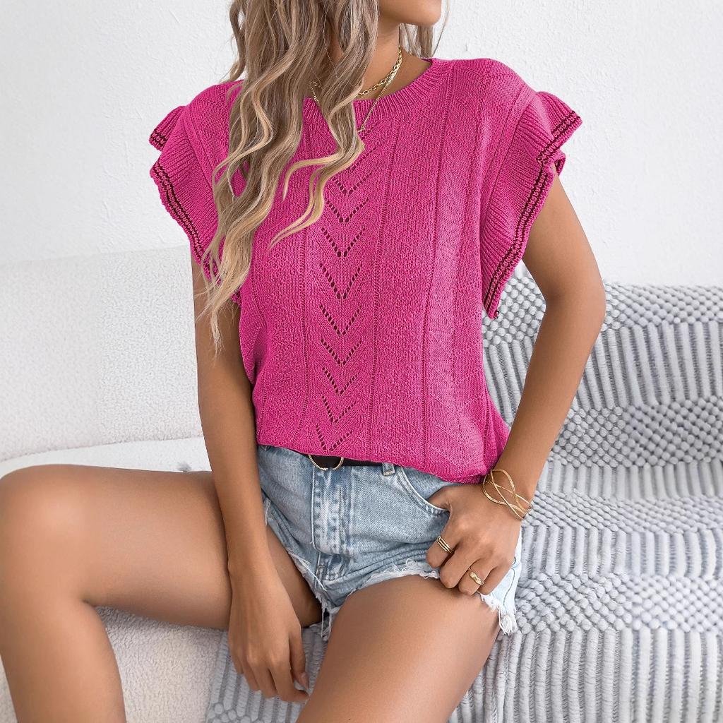 QICED Spring Summer Casual Hollowed-out Twist Color-blocking Black Ear-trimmed Knitted Top for Women's Vacation