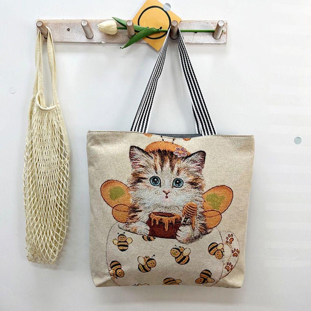 Embroidery Flower Cloth Bag Large Capacity Embroidery Tote Bag Simple Animal Shoulder Bag  Girls