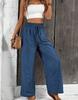 Women High Waist Elastic Drawstring Wide Leg Pants Solid Denim Look Straight Trousers Summer Casual Loose Long Pants Factory Supply