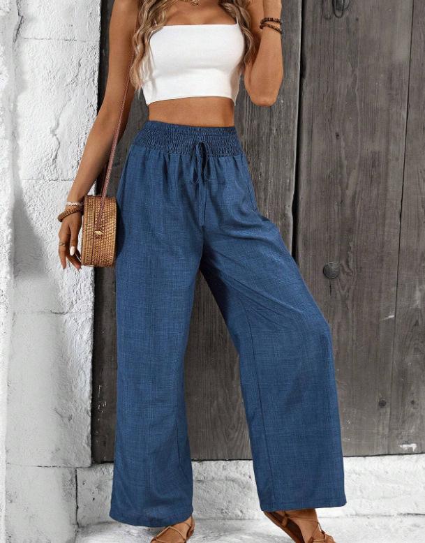 Women High Waist Elastic Drawstring Wide Leg Pants Solid Denim Look Straight Trousers Summer Casual Loose Long Pants Factory Supply