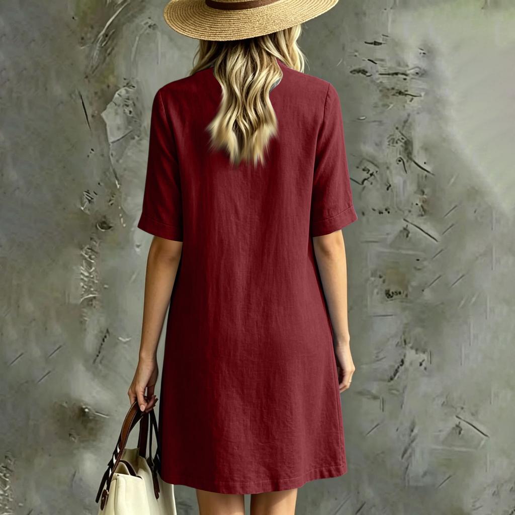 Women's Short Sleeve Notched V-Neck Stand Collar Color Loose Fit Casual Dress with Pockets