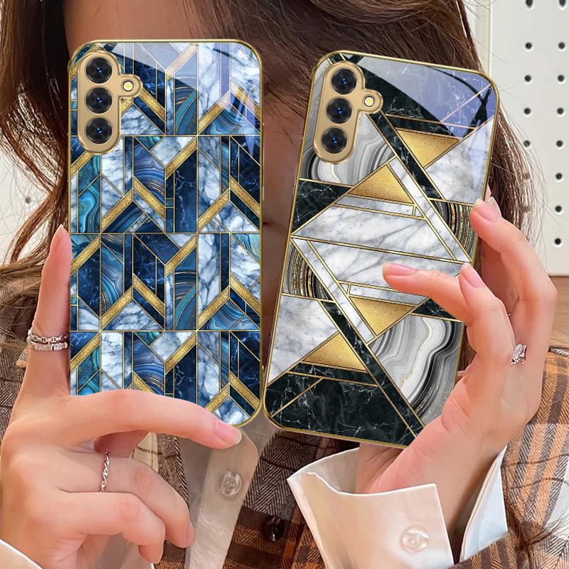 Blue marble texture For Samsung Galaxy S20 FE S21 S22 S23 Plus S24 Ultra 25Ultra S21+ S9+ S22Plus Golden glass phone case