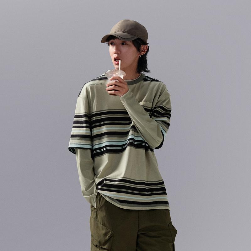 Li Ning CF Contrast Color Splicing Loose Short Sleeve T-Shirt Unisex Tops Lime-Green-Stripes ATSU781-5