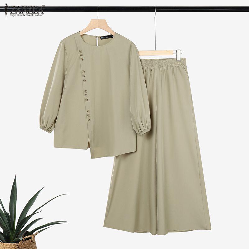 ZANZEA Women Long Sleeve Blouse and Long Pants Casual Two Piece Suit Sets