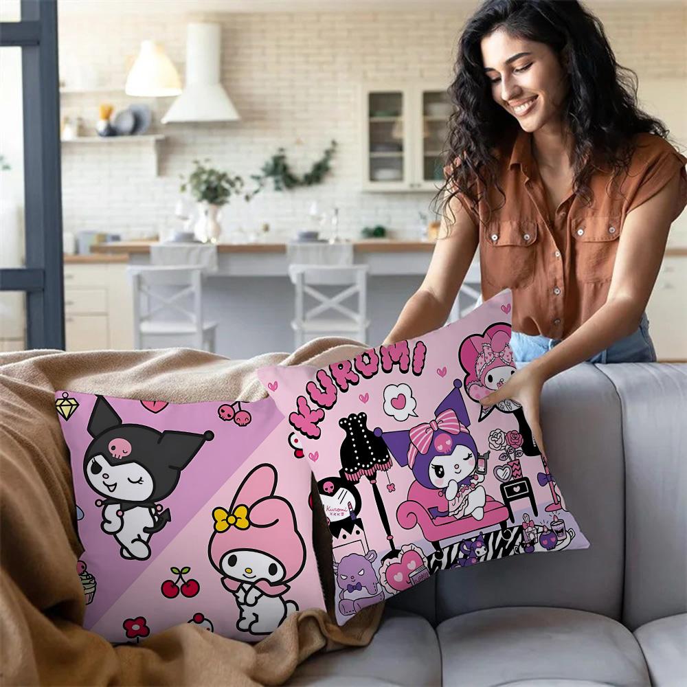 Kawaii Kuromi Sanrios Pillow Covers Cartoon Sofa Decorative Home Double-Sided Printing Short Plush Cute Cushion Cover
