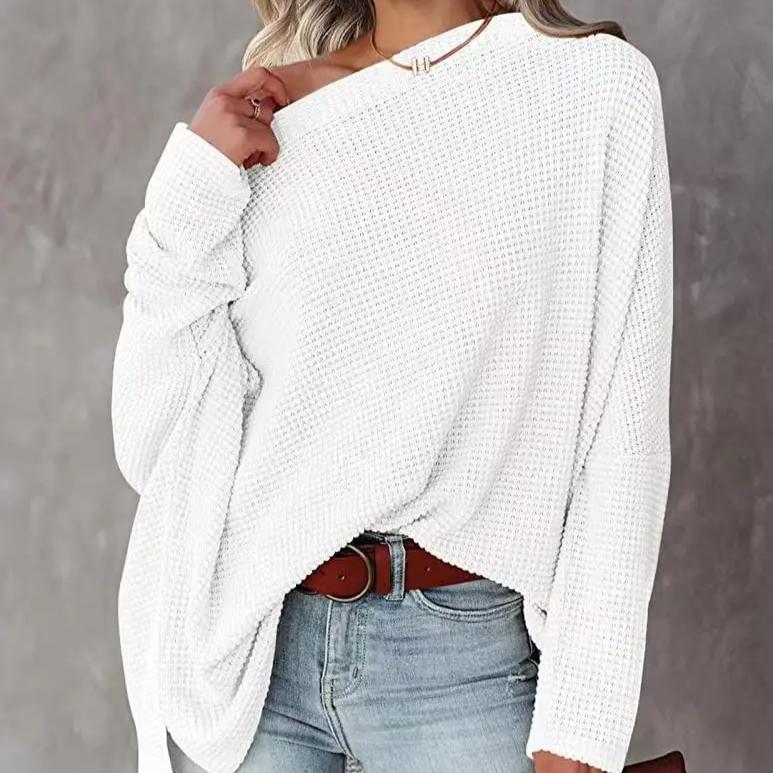 Женский вязаный свитер с вафельными плечами и косым вырезом воротничка 2024 года новый осенне-зимний женский обычный свободный пуловер S белый 1980₽