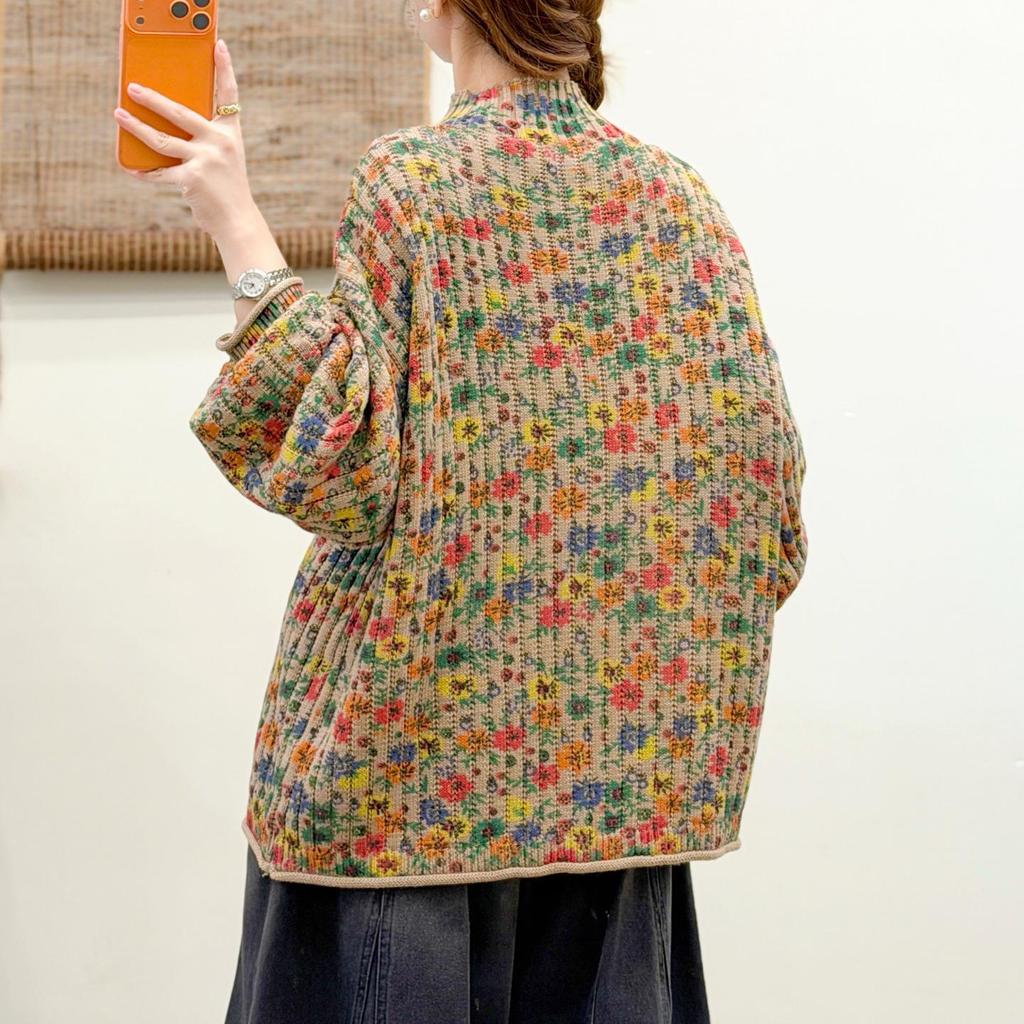 Women's Plus Size Floral High Neck Sweater - Autumn/Winter 2025 Relaxed Fit
