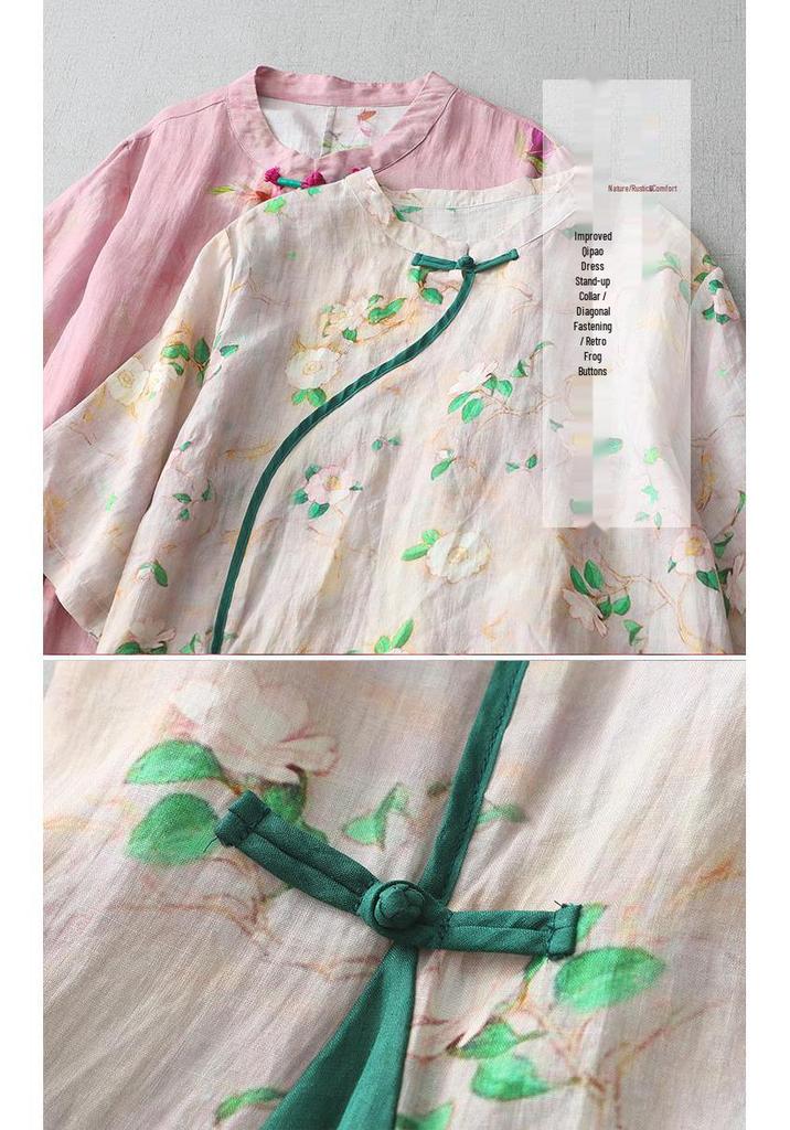 2026 New Style Floral Cotton Linen Cheongsam Dress - Plus Size Slimming & Tummy Concealing Long Skirt