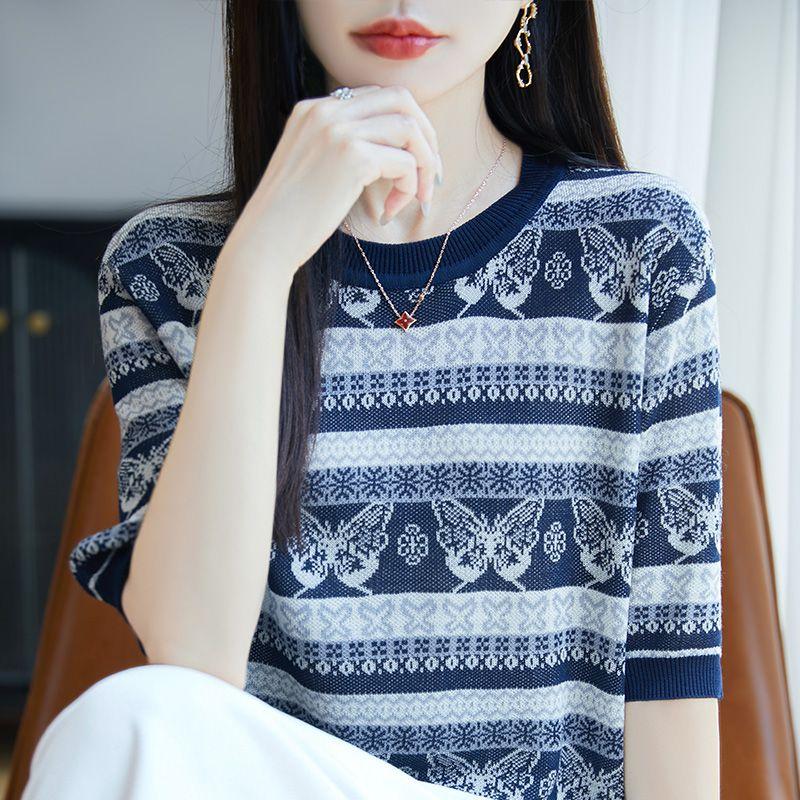 

Lyocell round Neck Knitting Short-Sleeved T-shirt Women s Summer Loose Plus Size Cool Tencel Tops Easiest for Match Bottoming Shirt Butterfly round neck M(45.00 kg-55.00 kg)