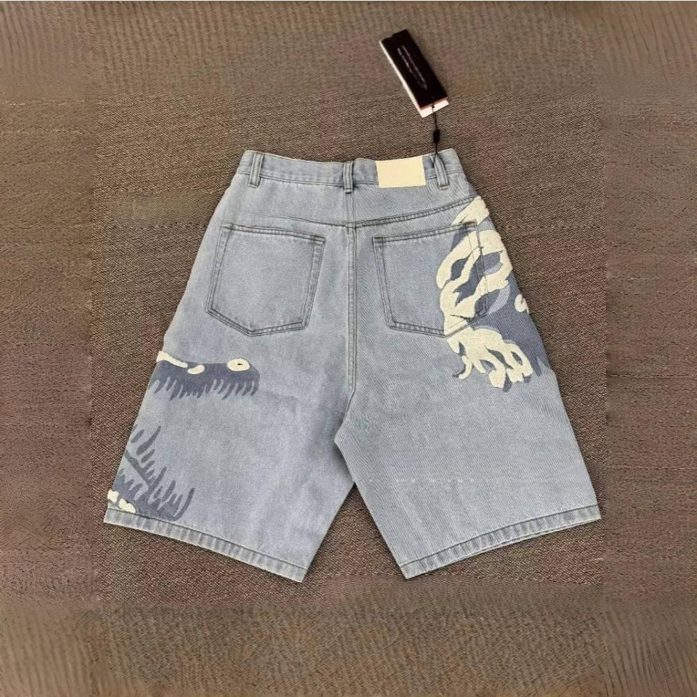 RogueWave Crocodile Embroidery Denim Shorts Loose Knee Length Trousers Streetwear Jeans