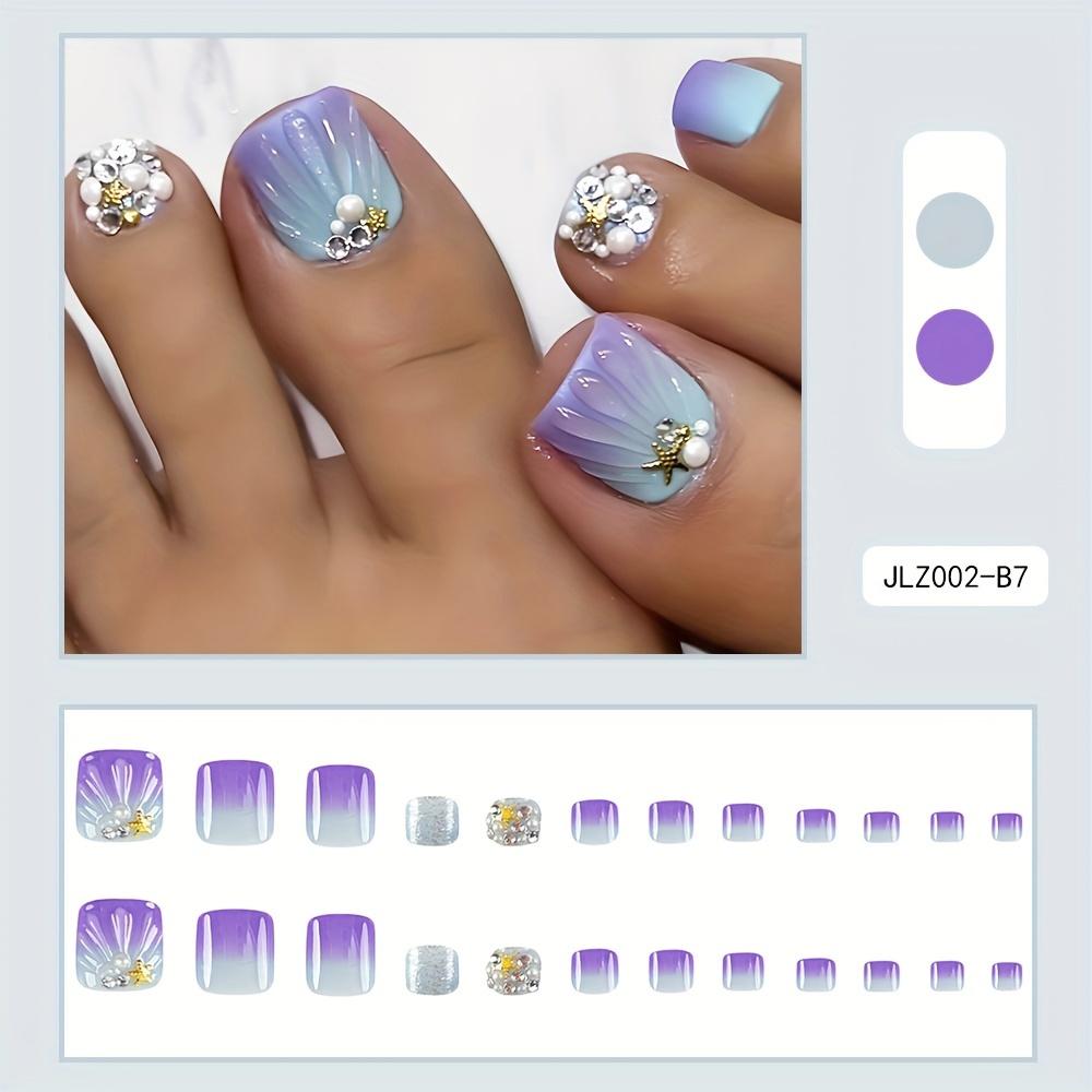 24pcs Chic Purple Gradient Press-On Toenails Set With Glitter, 3D Pearl & Starfish Rhinestones - Short Square Fake Nails For Women And Girls